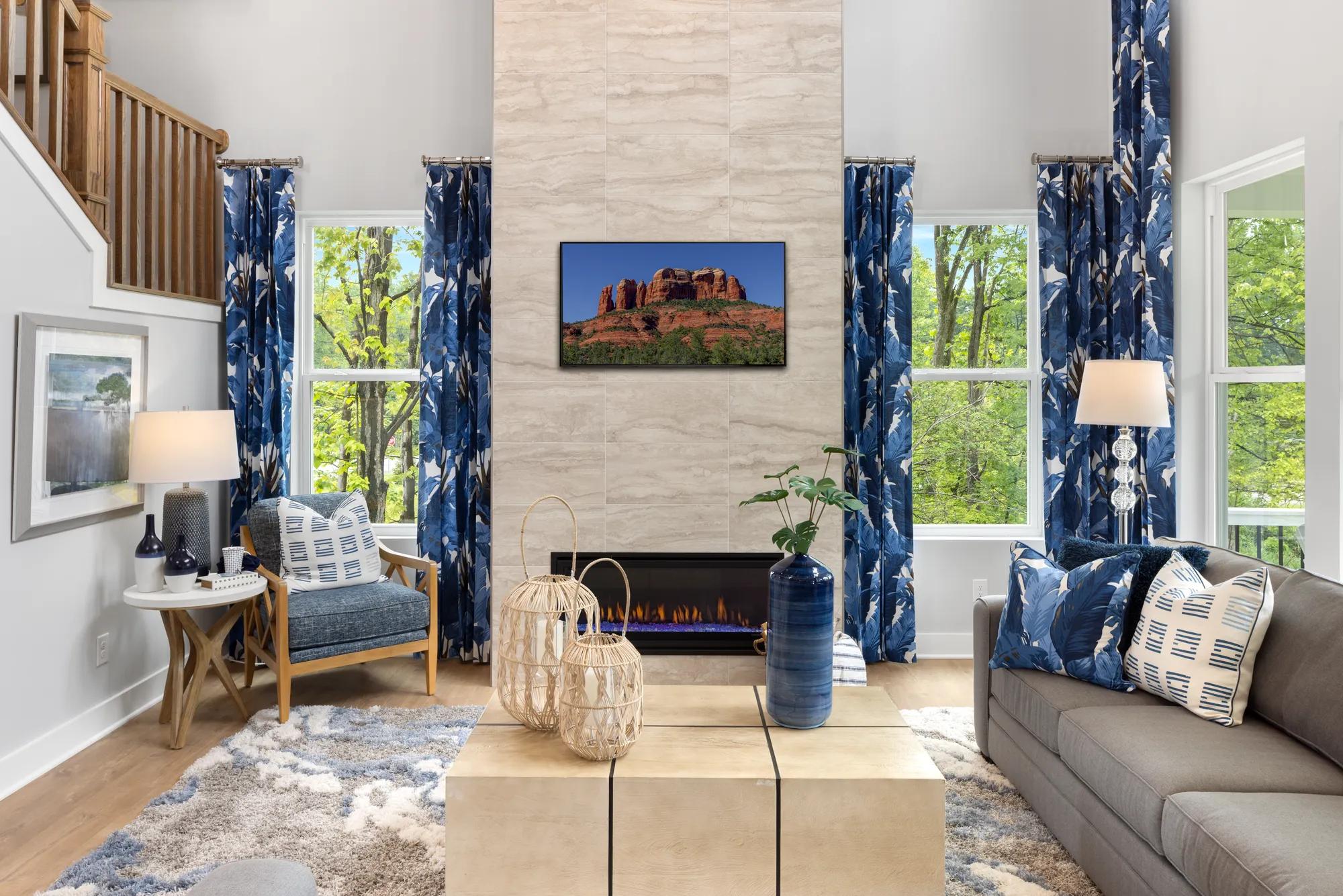 custom family room with contemporary fireplace