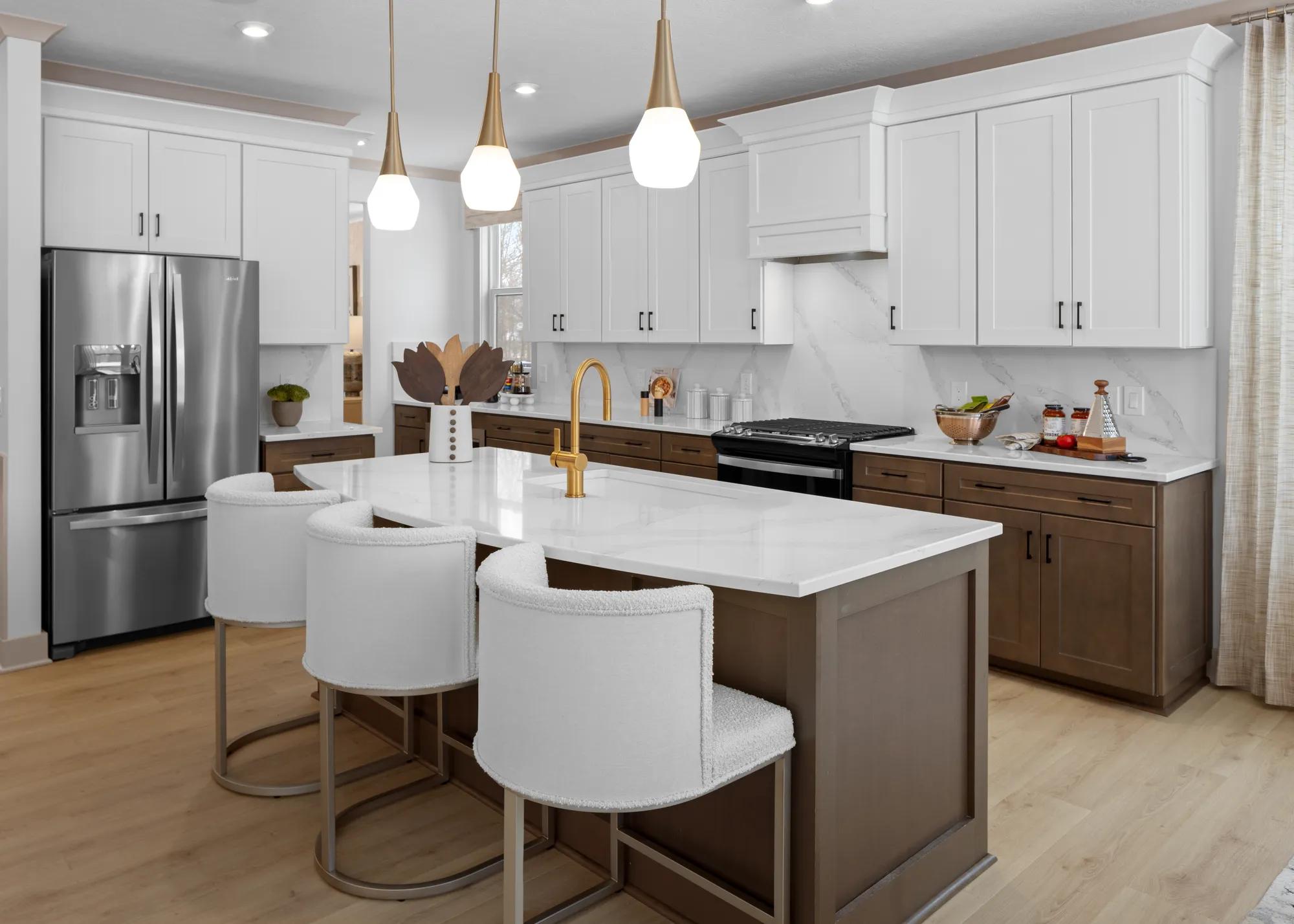 custom kitchen with white and dark wood cabinets