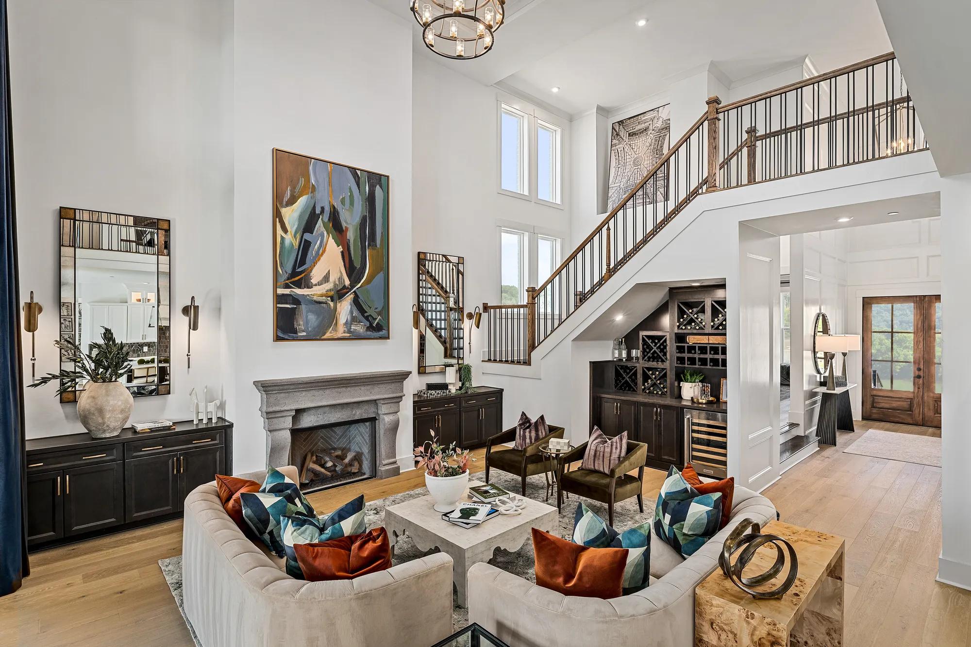 two-story family room with fireplace