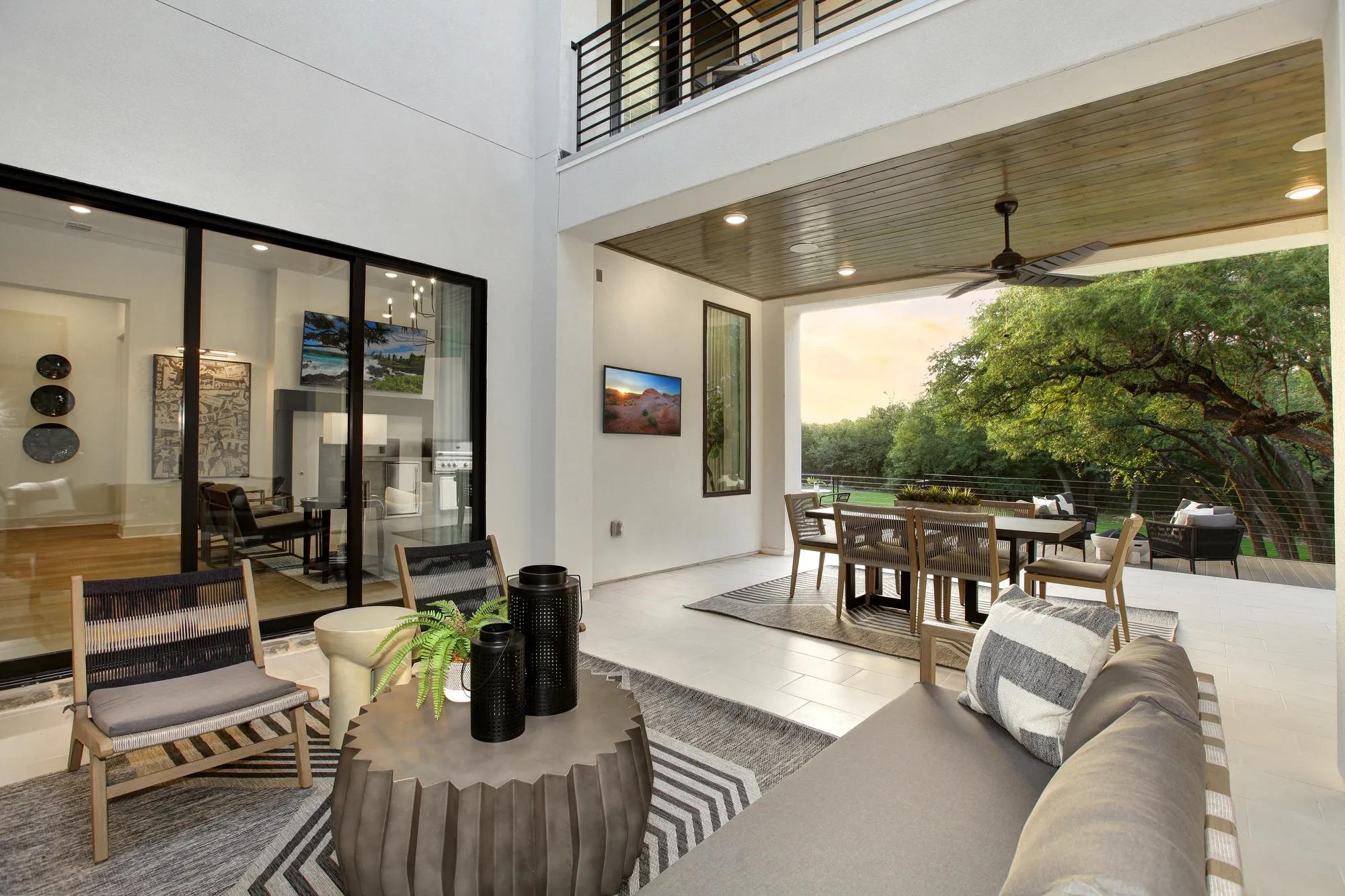 two-story courtyard with sitting area