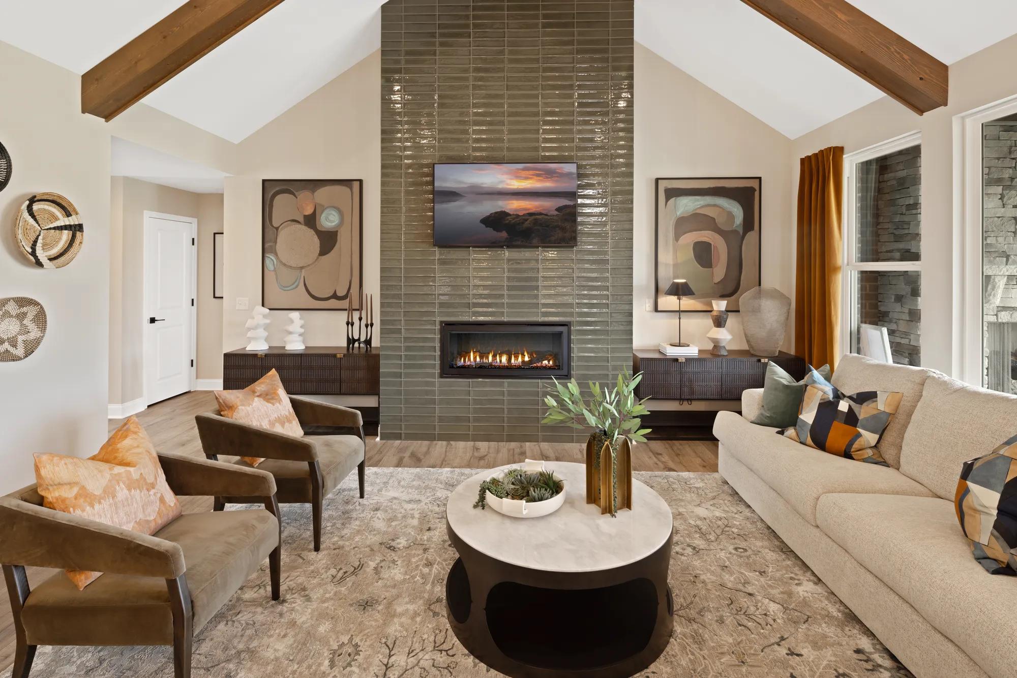 family room with contemporary tile fireplace