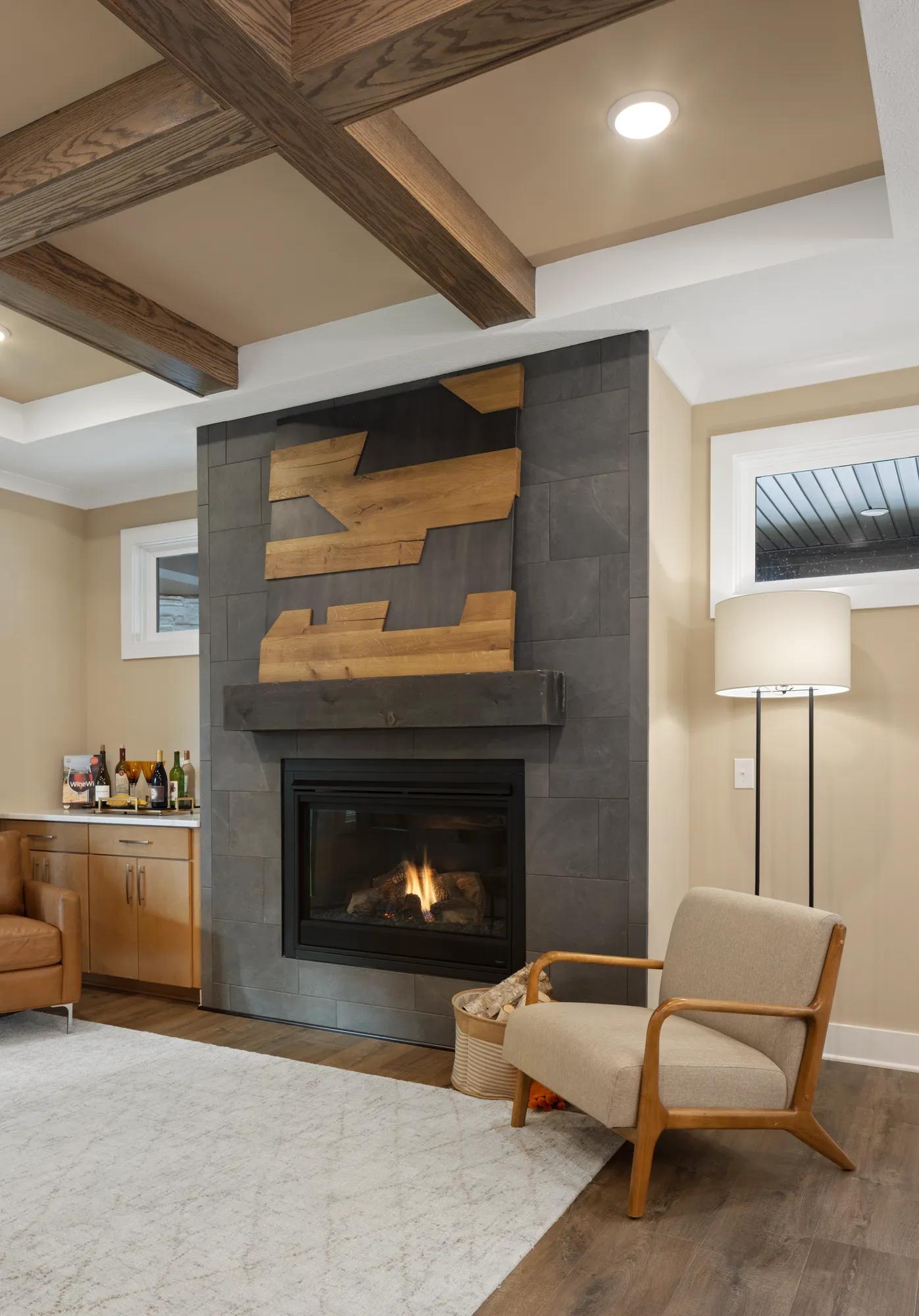 fireplace and beam ceiling