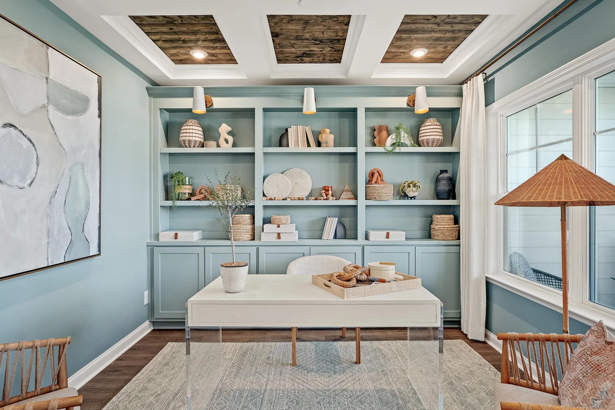 home office with built-in shelves