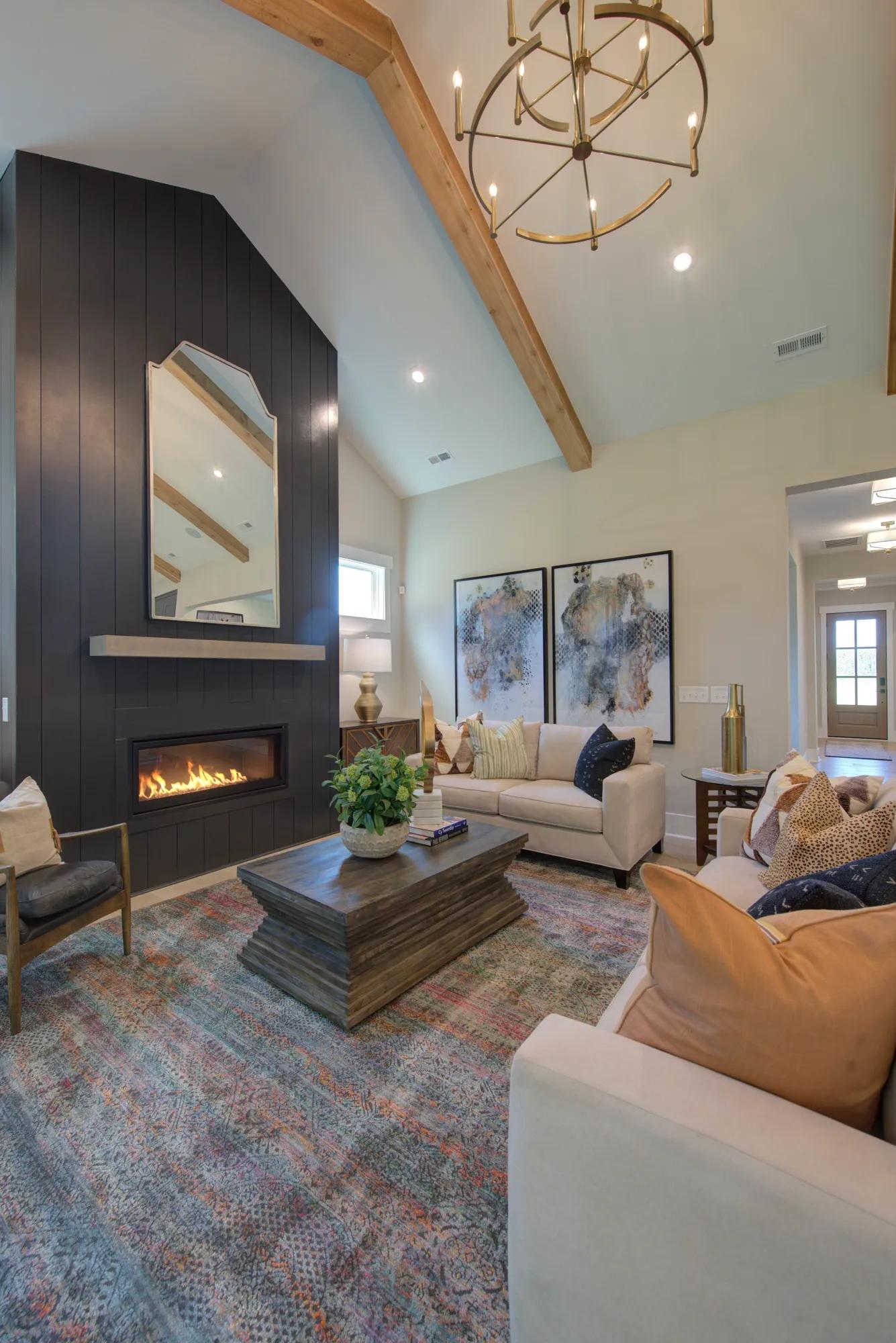 new home family room with vaulted ceilings