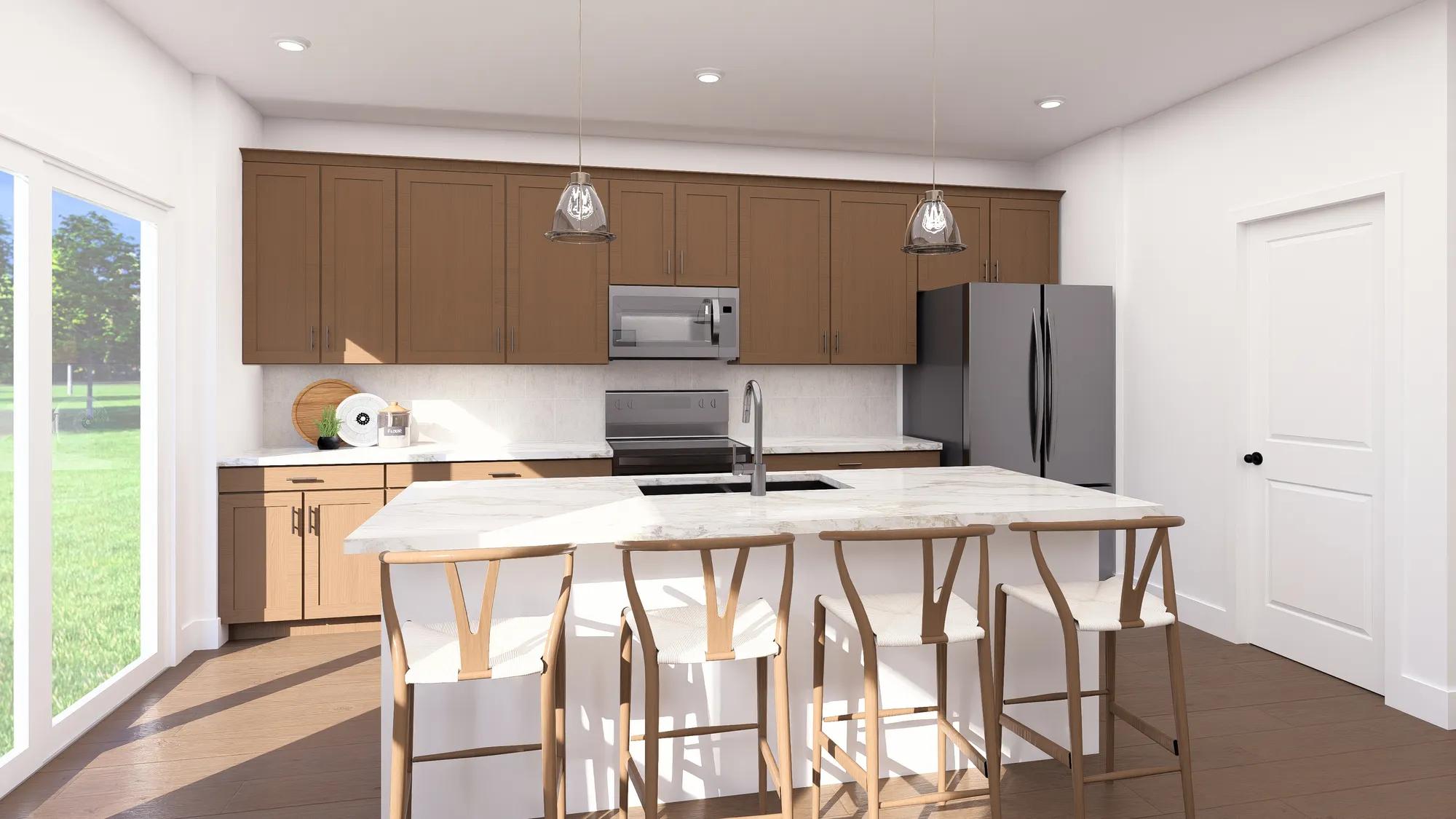 Custom home kitchen with sliding glass door walk out