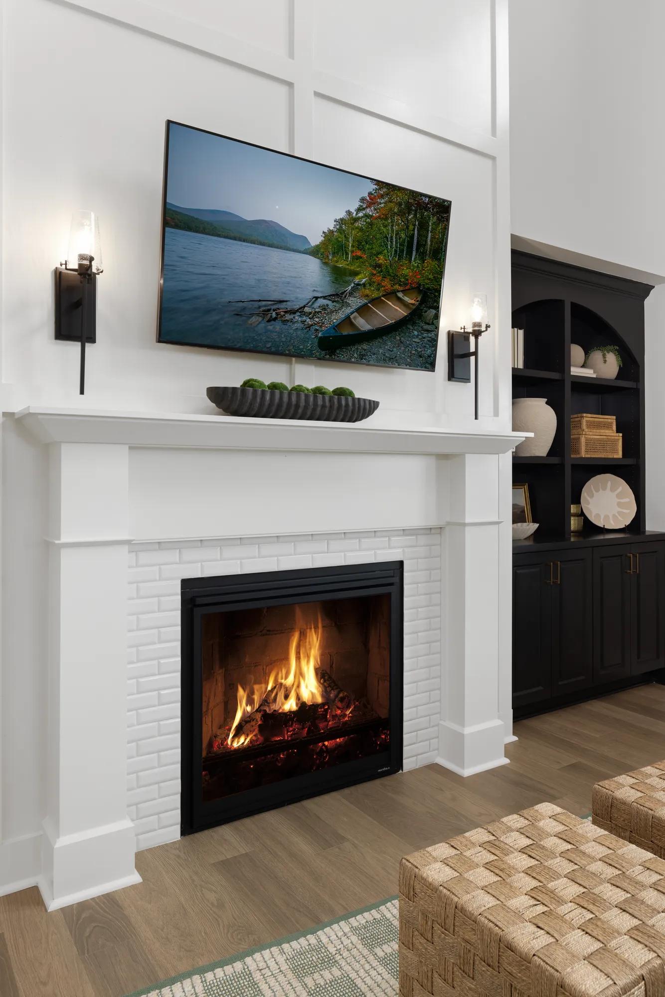 new home brick fireplace with wood mantle