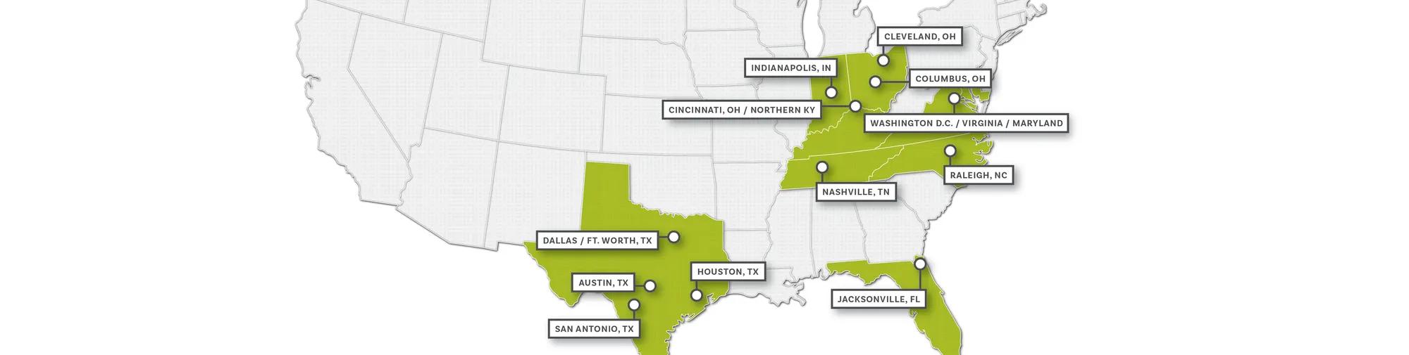 drees homes map indicating operations in 11 major metropolitan areas across the US