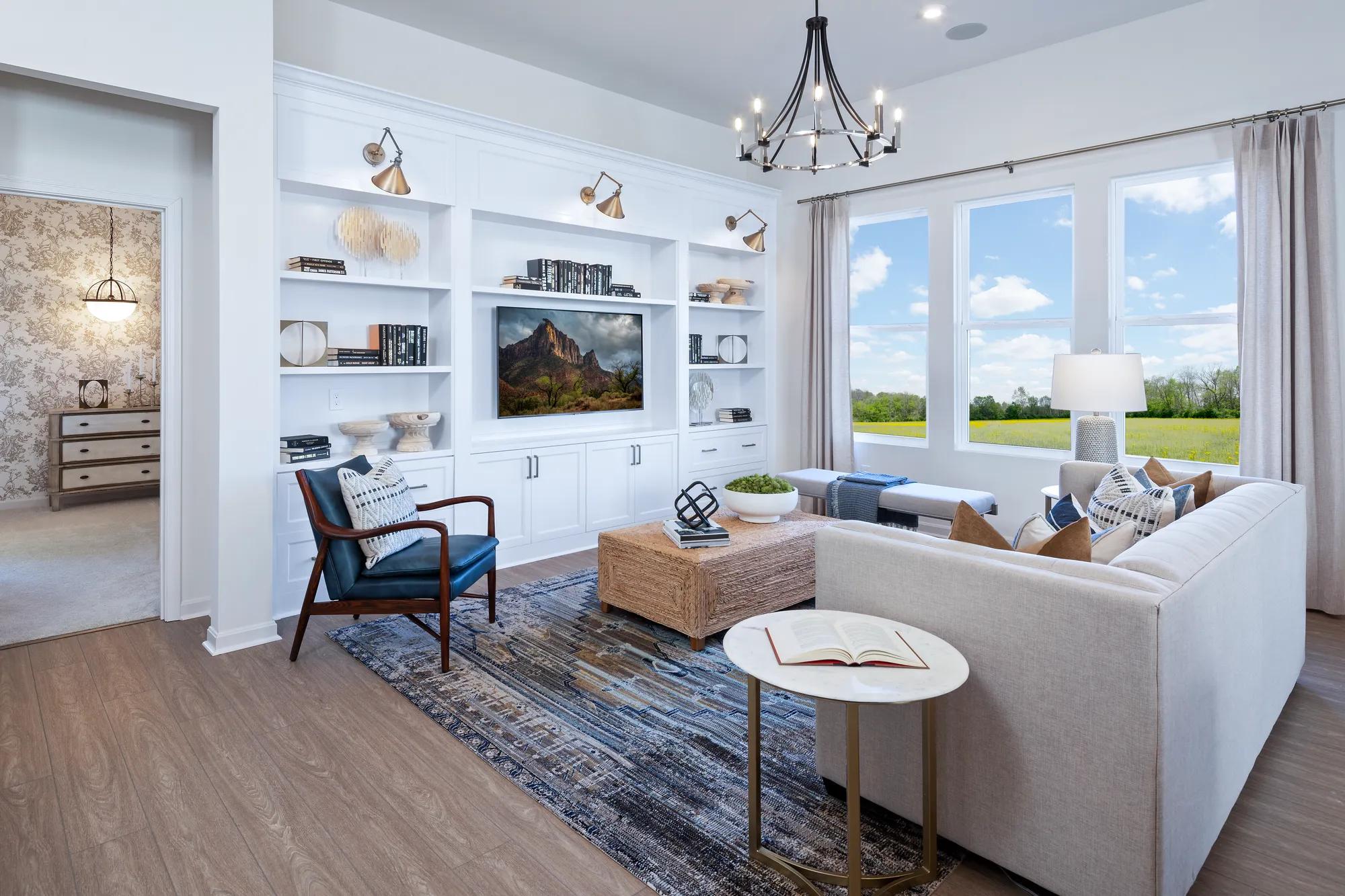 family room with wall of windows