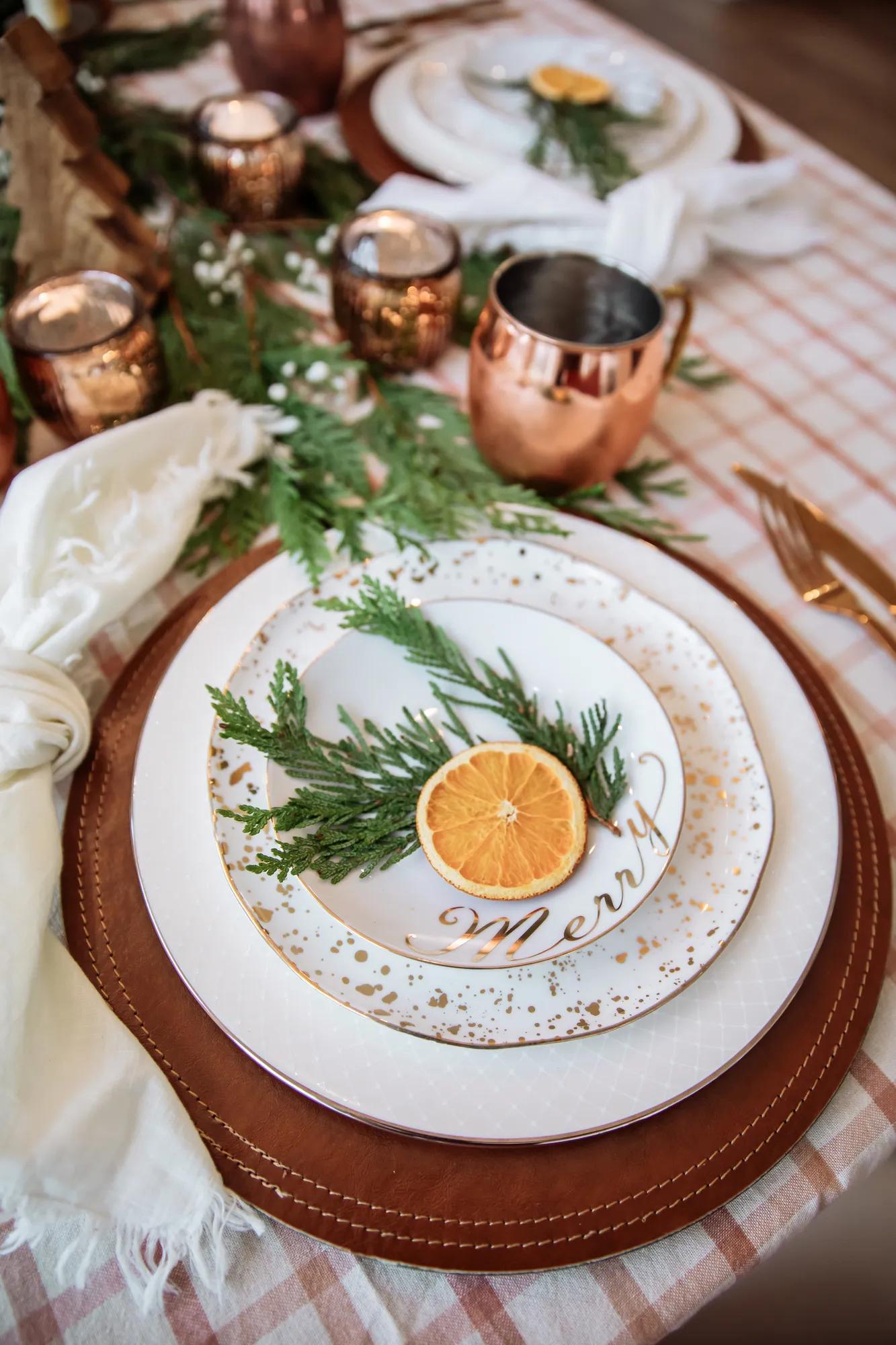 A gorgeous holiday themed table setting in a custom home